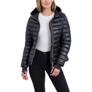 Tommy Hilfiger womens Puffer Jacket, Lightweight Packable Jacket With Hood & Bag(Black)