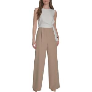 Tommy Hilfiger womens Sleeveless Crew Neck Two Tone Side Drape Crepe Jumpsuit(Ivory/Khaki)