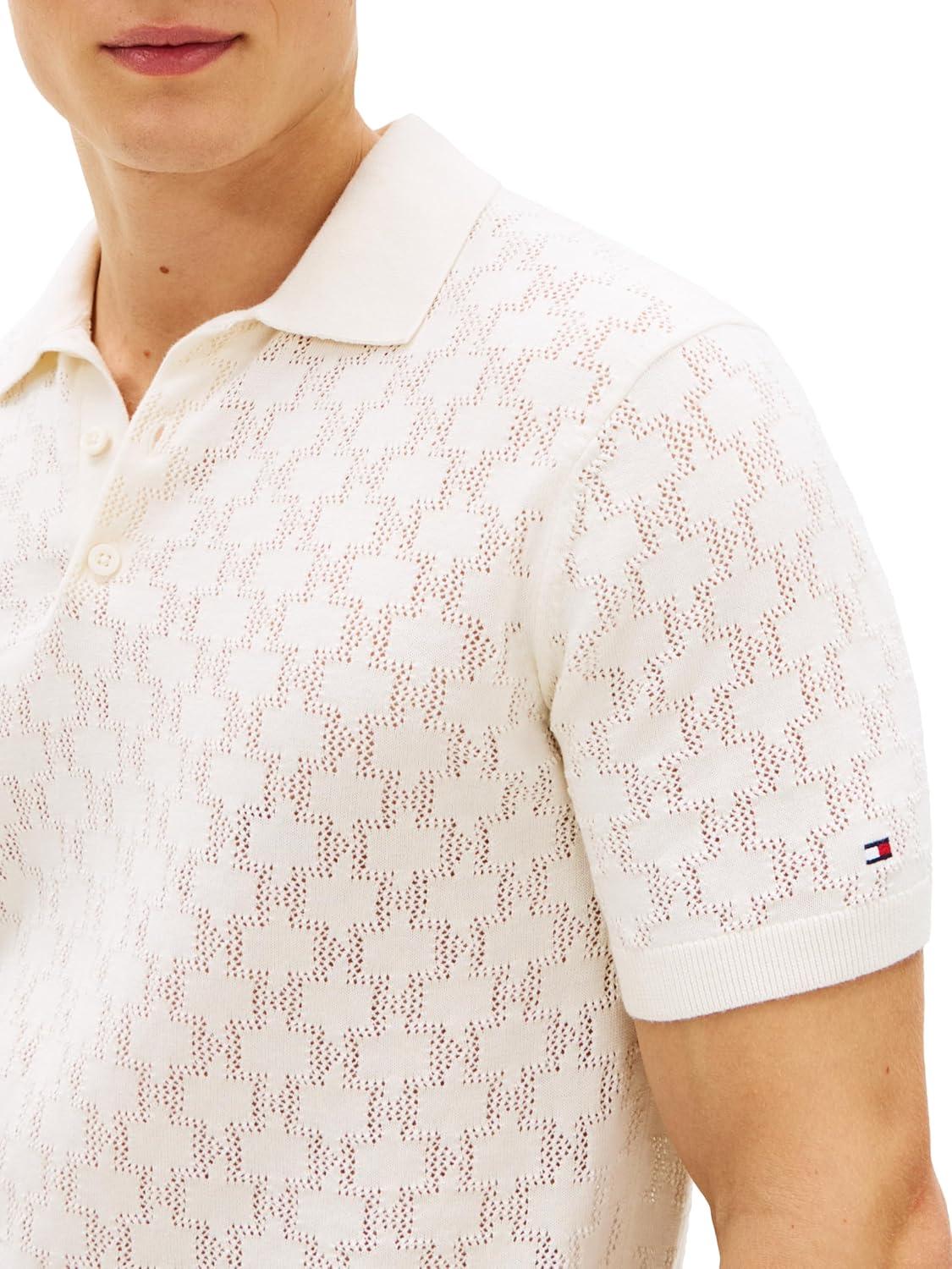 imageTommy Hilfiger Mens Lightweight Cotton Textured Knit Short Sleeve Polo ShirtIvory Petal