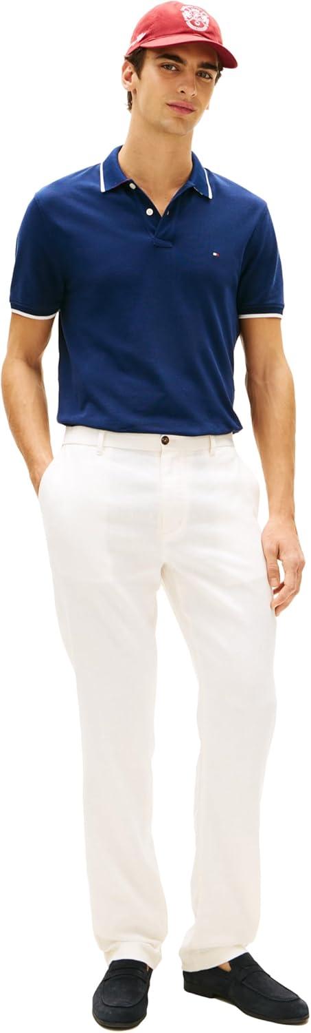 imageTommy Hilfiger Mens Short Sleeve Casual Polo Shirts in Regular Fit with Contrast Collar and Cuff DesignsCarbon Navy