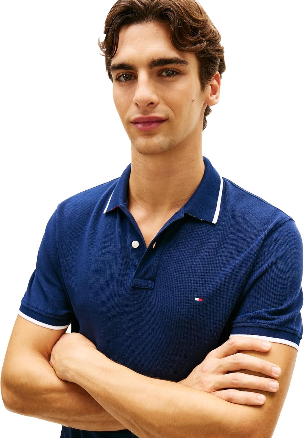 imageTommy Hilfiger Mens Short Sleeve Casual Polo Shirts in Regular Fit with Contrast Collar and Cuff DesignsCarbon Navy
