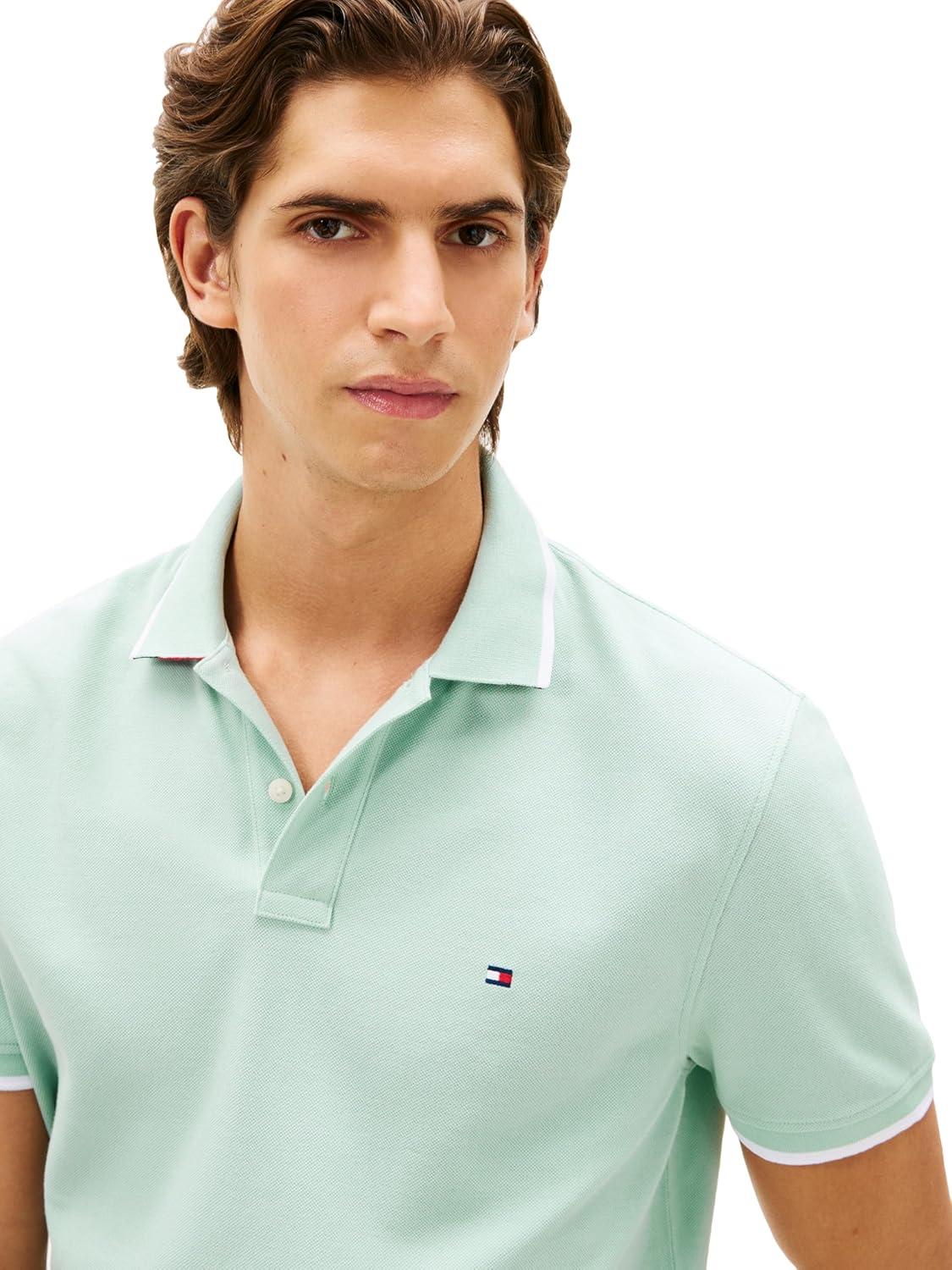 imageTommy Hilfiger Mens Short Sleeve Casual Polo Shirts in Regular Fit with Contrast Collar and Cuff DesignsCrushed Mint