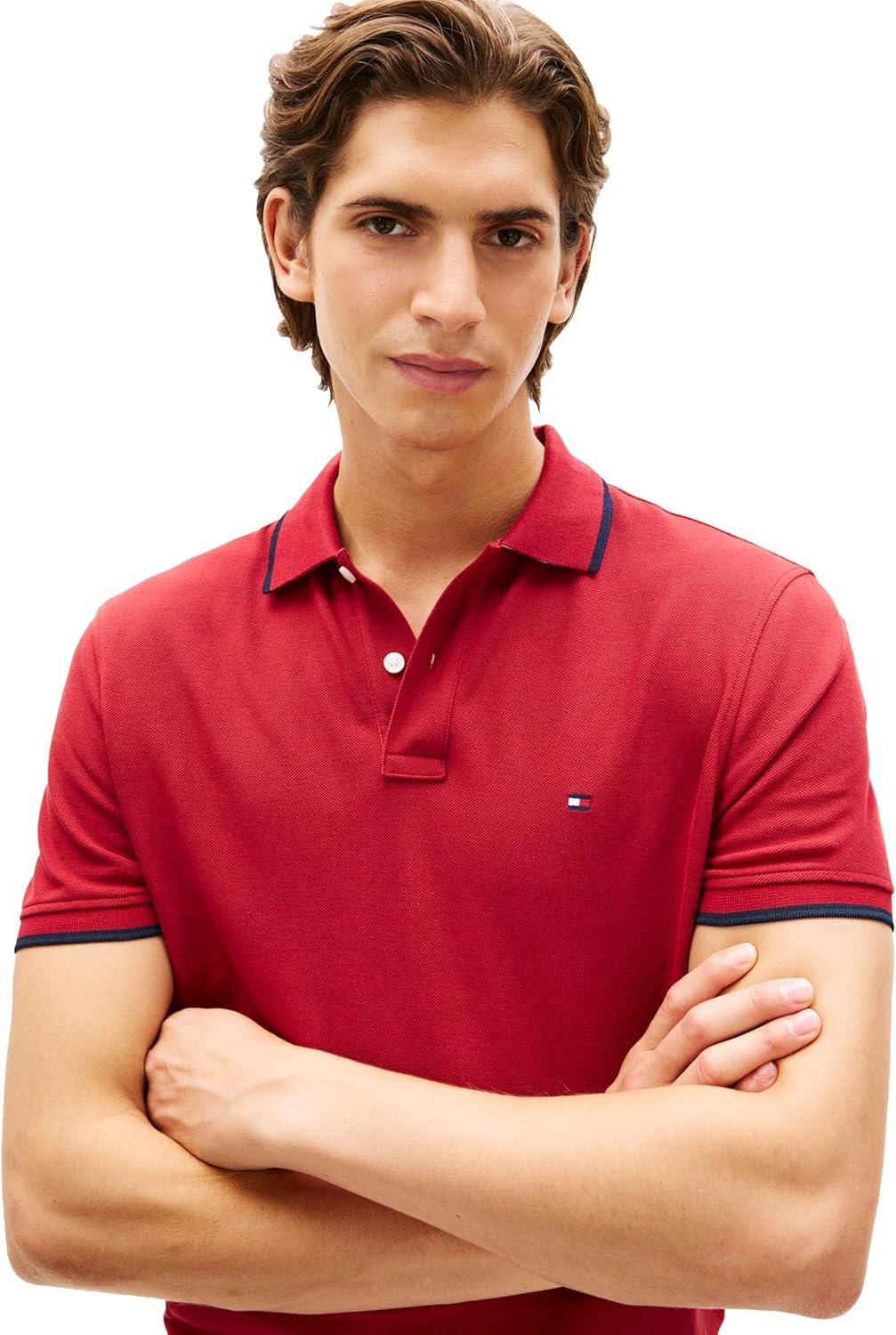 imageTommy Hilfiger Mens Short Sleeve Casual Polo Shirts in Regular Fit with Contrast Collar and Cuff DesignsRegatta Red