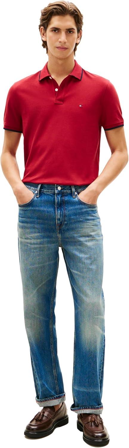imageTommy Hilfiger Mens Short Sleeve Casual Polo Shirts in Regular Fit with Contrast Collar and Cuff DesignsRegatta Red