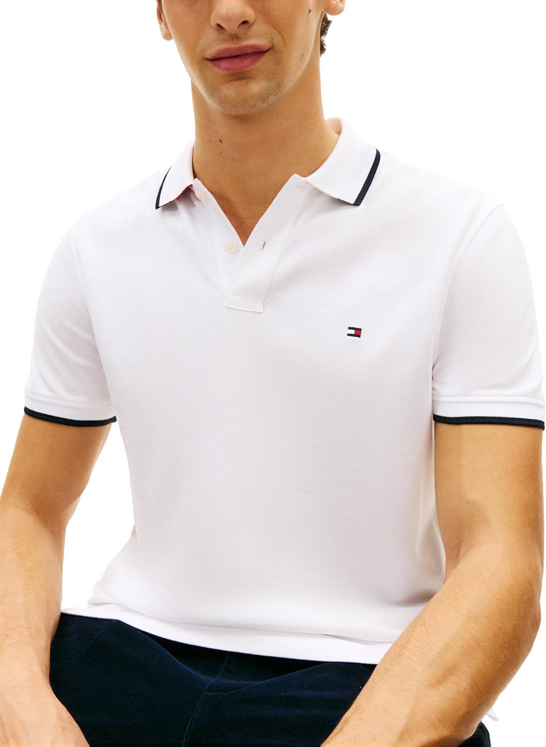 imageTommy Hilfiger Mens Short Sleeve Casual Polo Shirts in Regular Fit with Contrast Collar and Cuff DesignsWhite