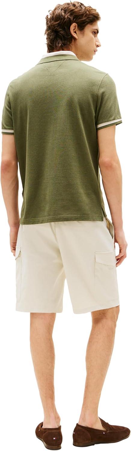 imageTommy Hilfiger Mens Short Sleeve Casual Polo Shirts in Regular Fit with Stretch and Contrast Collar DesignsBattle Green Heather