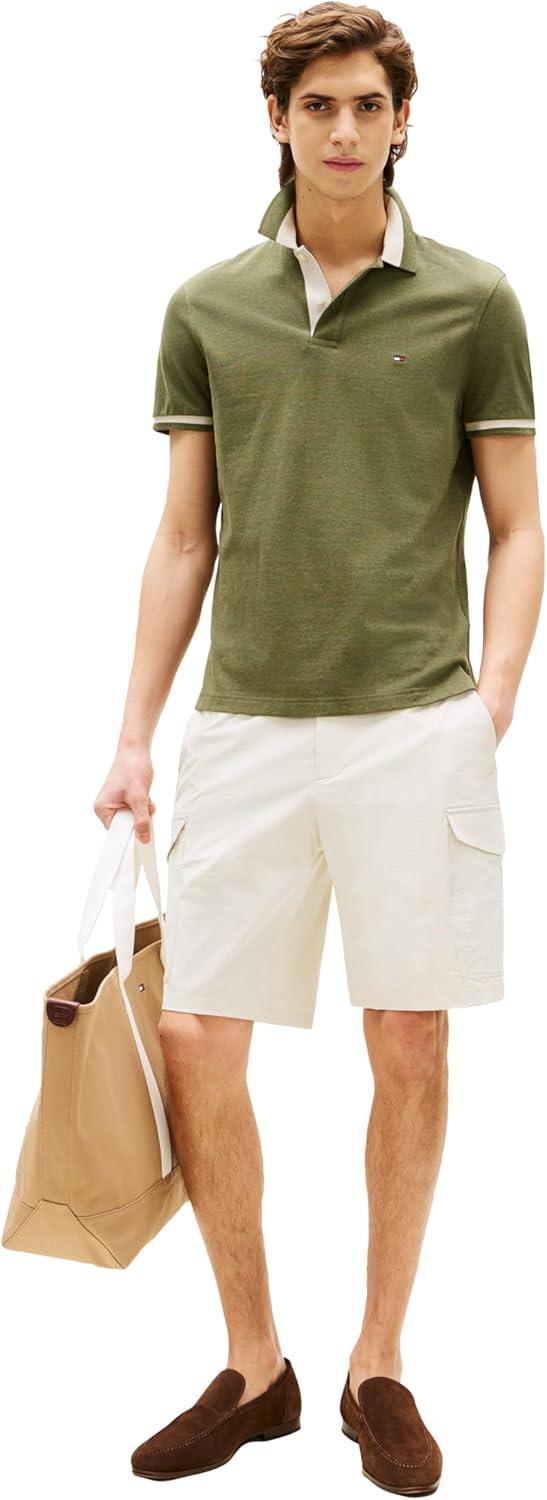 imageTommy Hilfiger Mens Short Sleeve Casual Polo Shirts in Regular Fit with Stretch and Contrast Collar DesignsBattle Green Heather