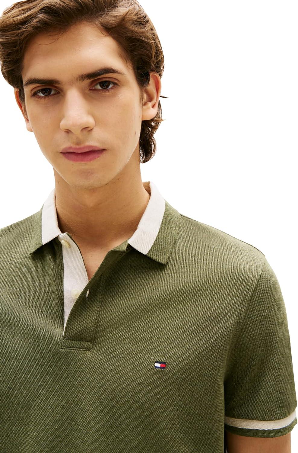 imageTommy Hilfiger Mens Short Sleeve Casual Polo Shirts in Regular Fit with Stretch and Contrast Collar DesignsBattle Green Heather