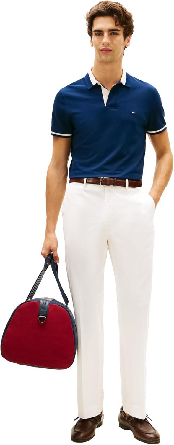 imageTommy Hilfiger Mens Short Sleeve Casual Polo Shirts in Regular Fit with Stretch and Contrast Collar DesignsCarbon Navy