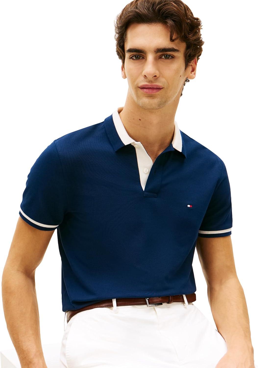 imageTommy Hilfiger Mens Short Sleeve Casual Polo Shirts in Regular Fit with Stretch and Contrast Collar DesignsCarbon Navy