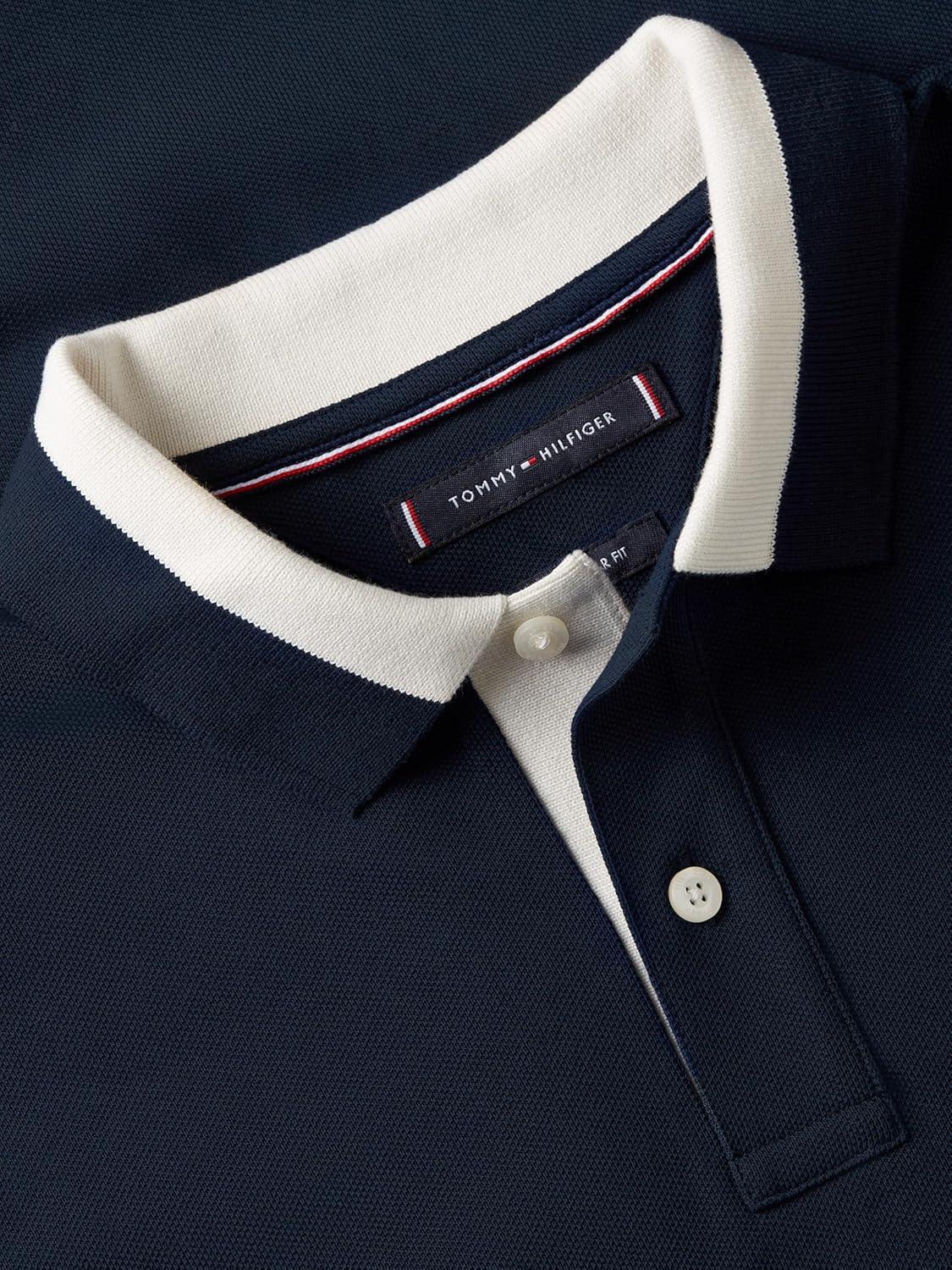 imageTommy Hilfiger Mens Short Sleeve Casual Polo Shirts in Regular Fit with Stretch and Contrast Collar DesignsCarbon Navy