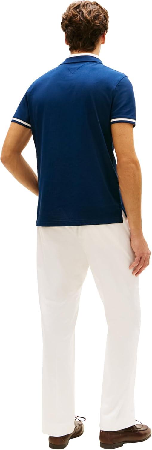 imageTommy Hilfiger Mens Short Sleeve Casual Polo Shirts in Regular Fit with Stretch and Contrast Collar DesignsCarbon Navy