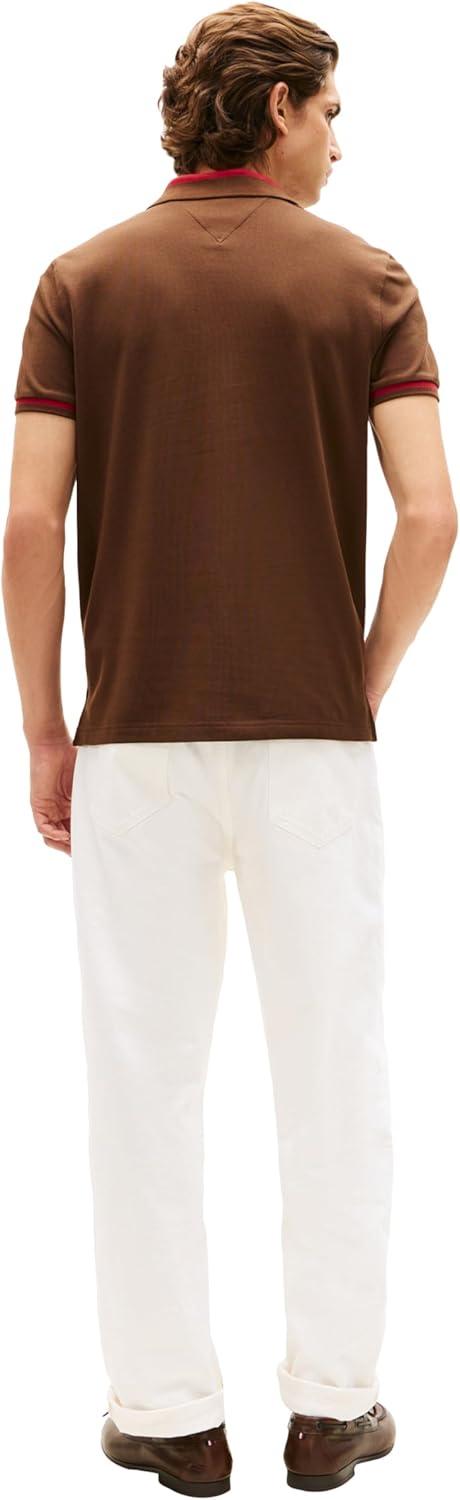 imageTommy Hilfiger Mens Short Sleeve Casual Polo Shirts in Regular Fit with Stretch and Contrast Collar DesignsLegacy Brown