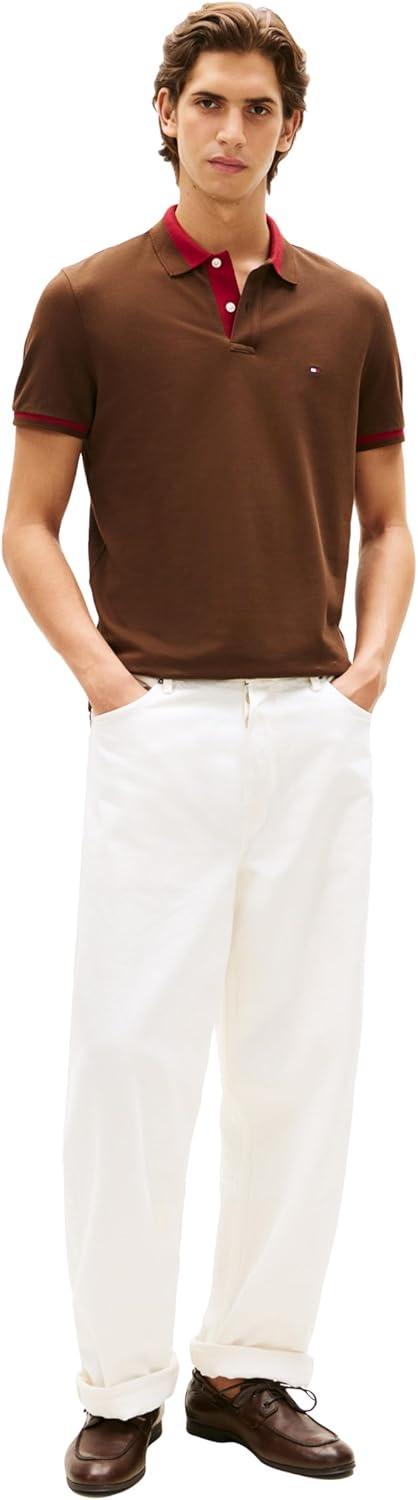 imageTommy Hilfiger Mens Short Sleeve Casual Polo Shirts in Regular Fit with Stretch and Contrast Collar DesignsLegacy Brown