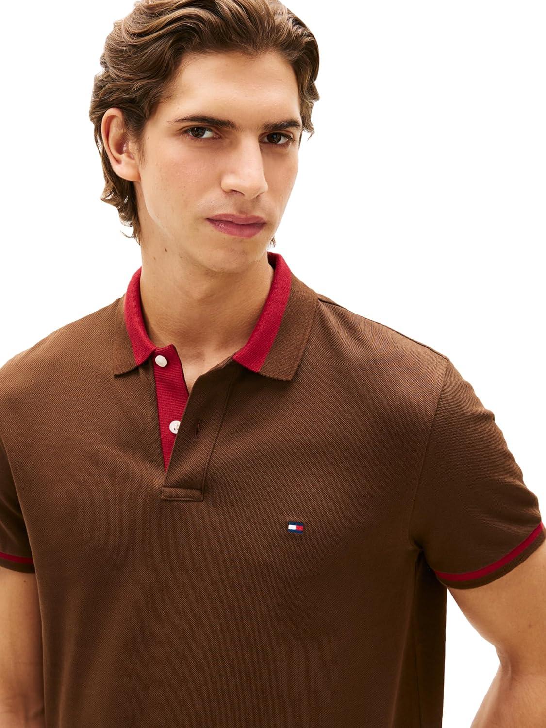 imageTommy Hilfiger Mens Short Sleeve Casual Polo Shirts in Regular Fit with Stretch and Contrast Collar DesignsLegacy Brown