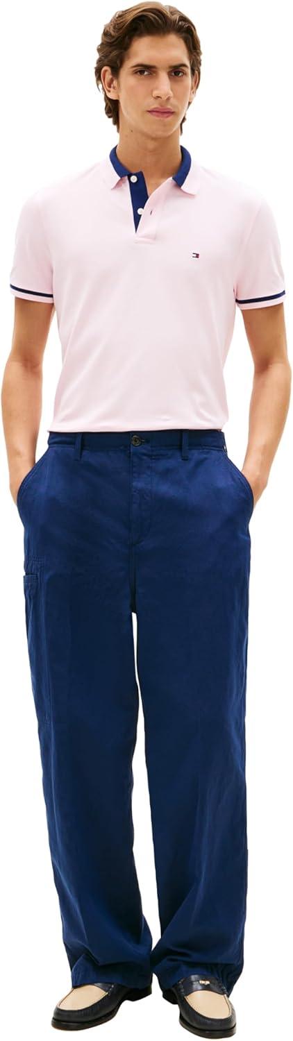 imageTommy Hilfiger Mens Short Sleeve Casual Polo Shirts in Regular Fit with Stretch and Contrast Collar DesignsPink Lily