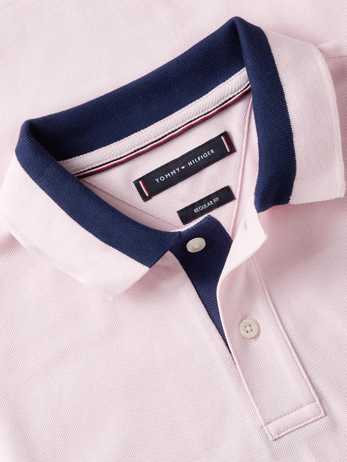 imageTommy Hilfiger Mens Short Sleeve Casual Polo Shirts in Regular Fit with Stretch and Contrast Collar DesignsPink Lily