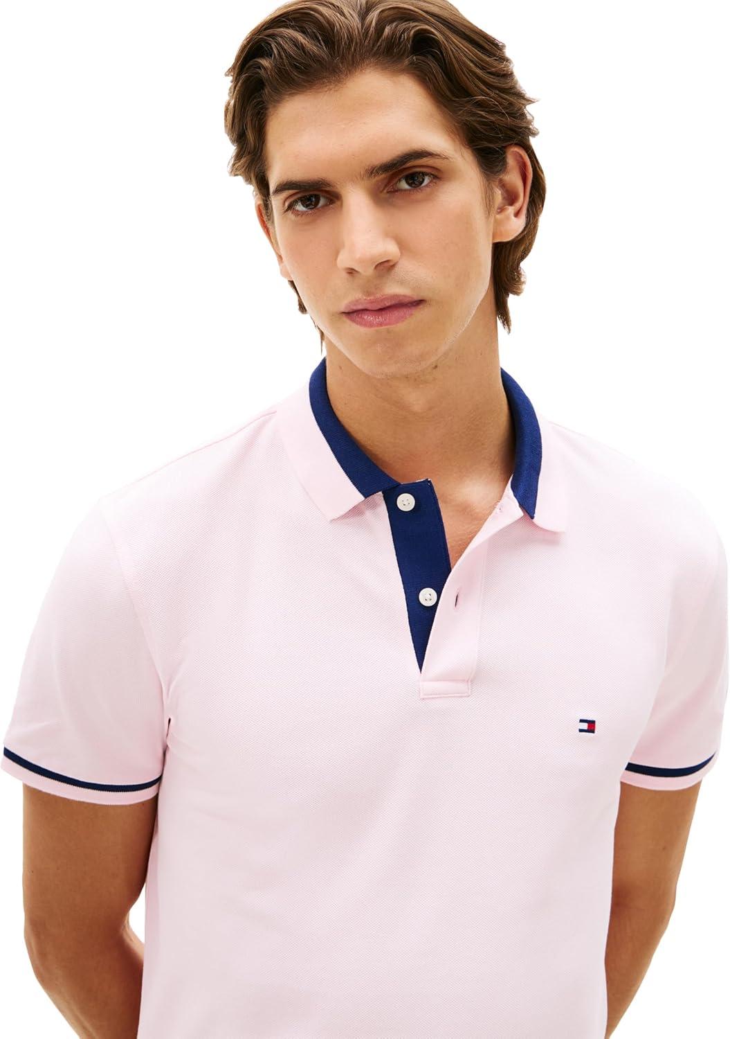 imageTommy Hilfiger Mens Short Sleeve Casual Polo Shirts in Regular Fit with Stretch and Contrast Collar DesignsPink Lily
