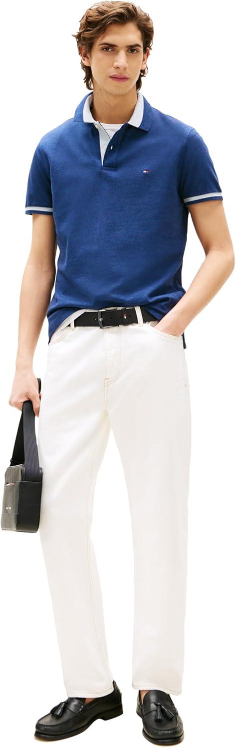 imageTommy Hilfiger Mens Short Sleeve Casual Polo Shirts in Regular Fit with Stretch and Contrast Collar DesignsPreppy Navy Heather