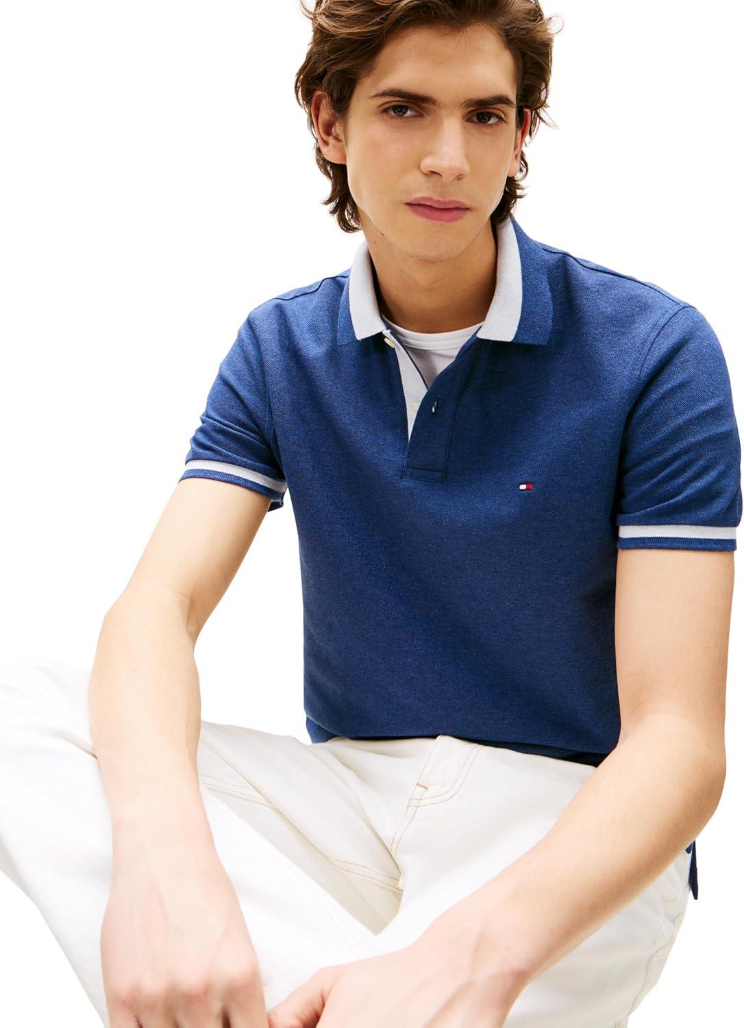 imageTommy Hilfiger Mens Short Sleeve Casual Polo Shirts in Regular Fit with Stretch and Contrast Collar DesignsPreppy Navy Heather