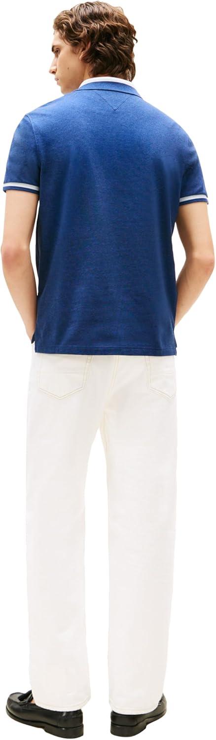 imageTommy Hilfiger Mens Short Sleeve Casual Polo Shirts in Regular Fit with Stretch and Contrast Collar DesignsPreppy Navy Heather