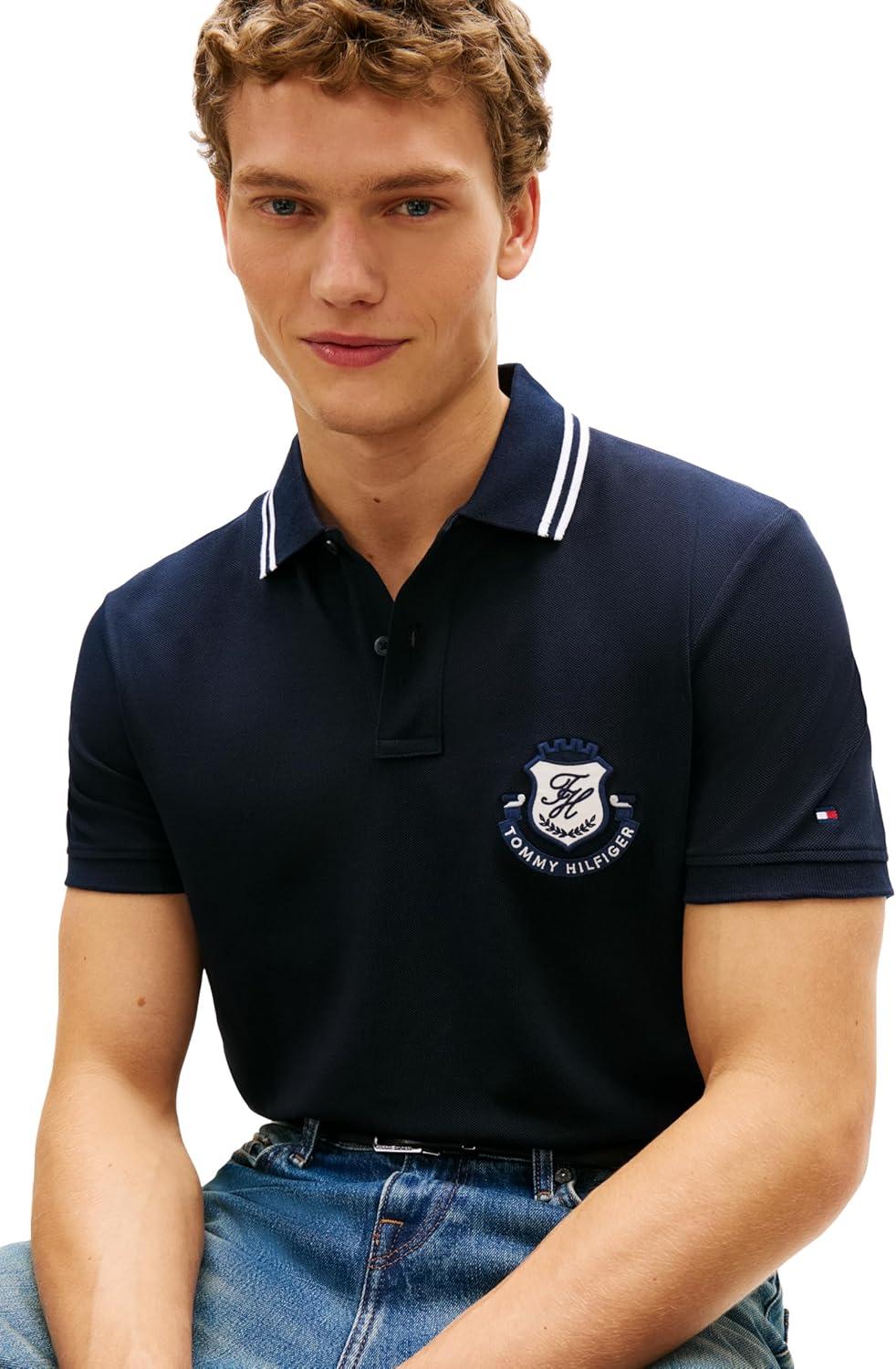 imageTommy Hilfiger Mens Short Sleeve Casual Polo Shirts in Regular Fit with Stretch and Embroidered LogoDesert Sky