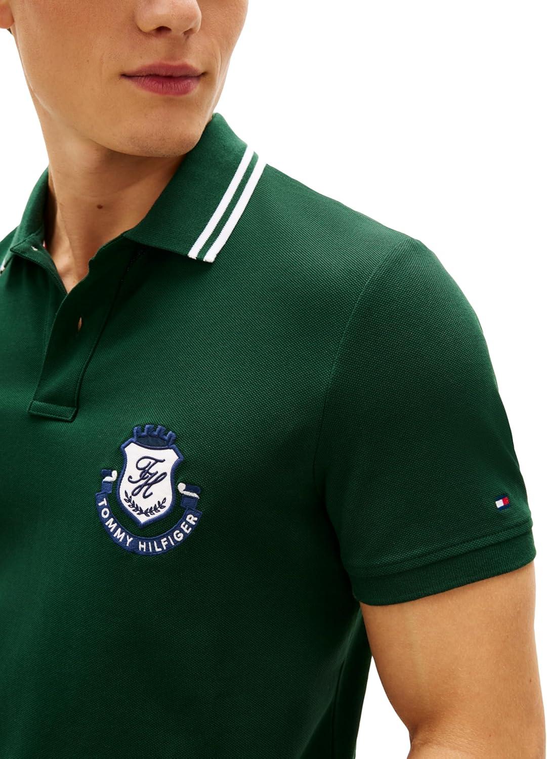 imageTommy Hilfiger Mens Short Sleeve Casual Polo Shirts in Regular Fit with Stretch and Embroidered LogoNocturnal Green