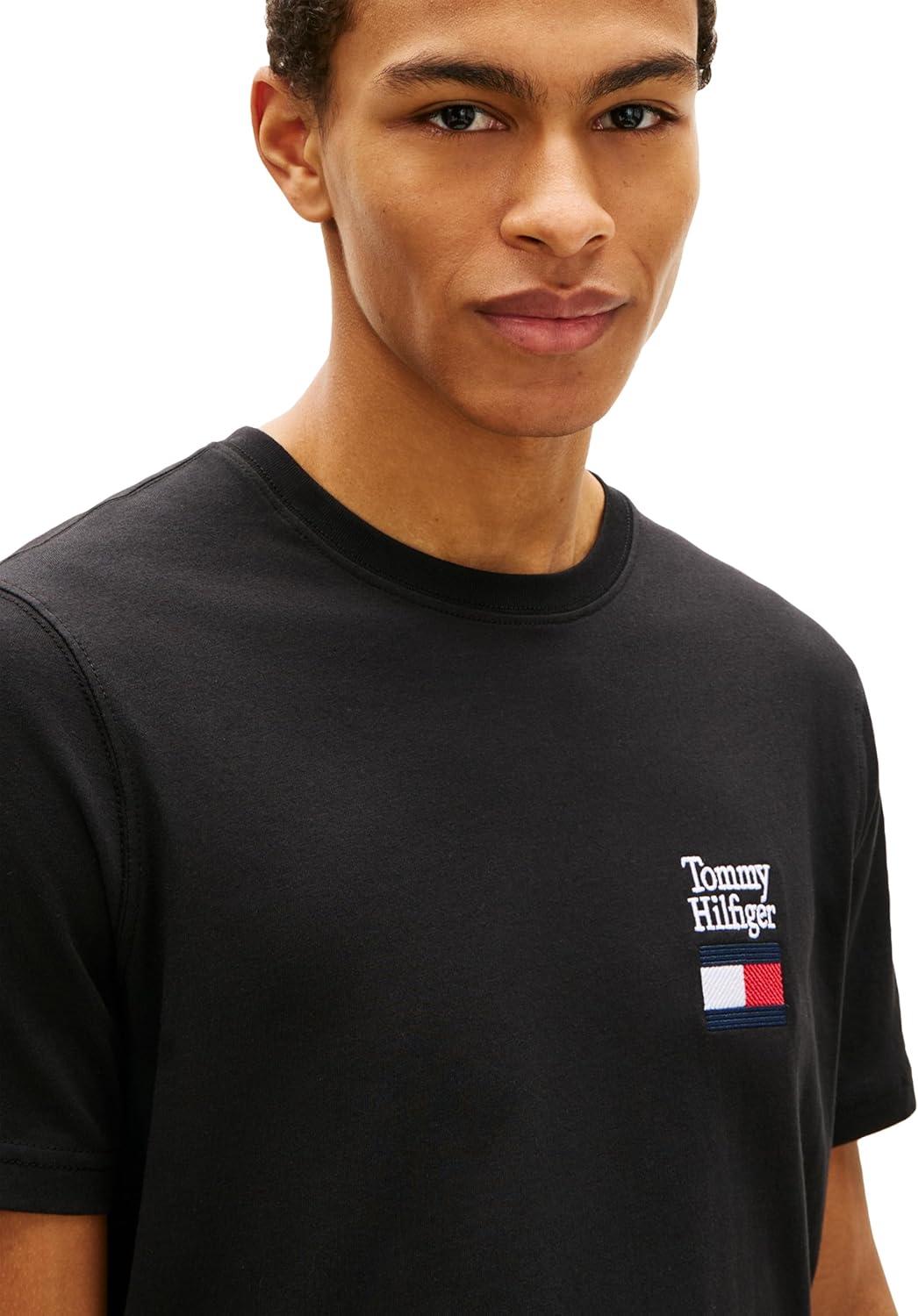 imageTommy Hilfiger Mens Short Sleeve Cotton Graphic TShirts with Embroidered Flag Logo DesignBlack