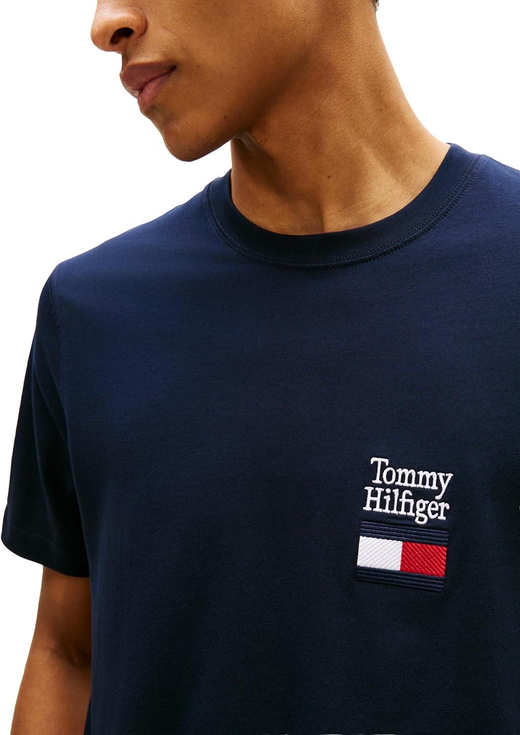imageTommy Hilfiger Mens Short Sleeve Cotton Graphic TShirts with Embroidered Flag Logo DesignDesert Sky