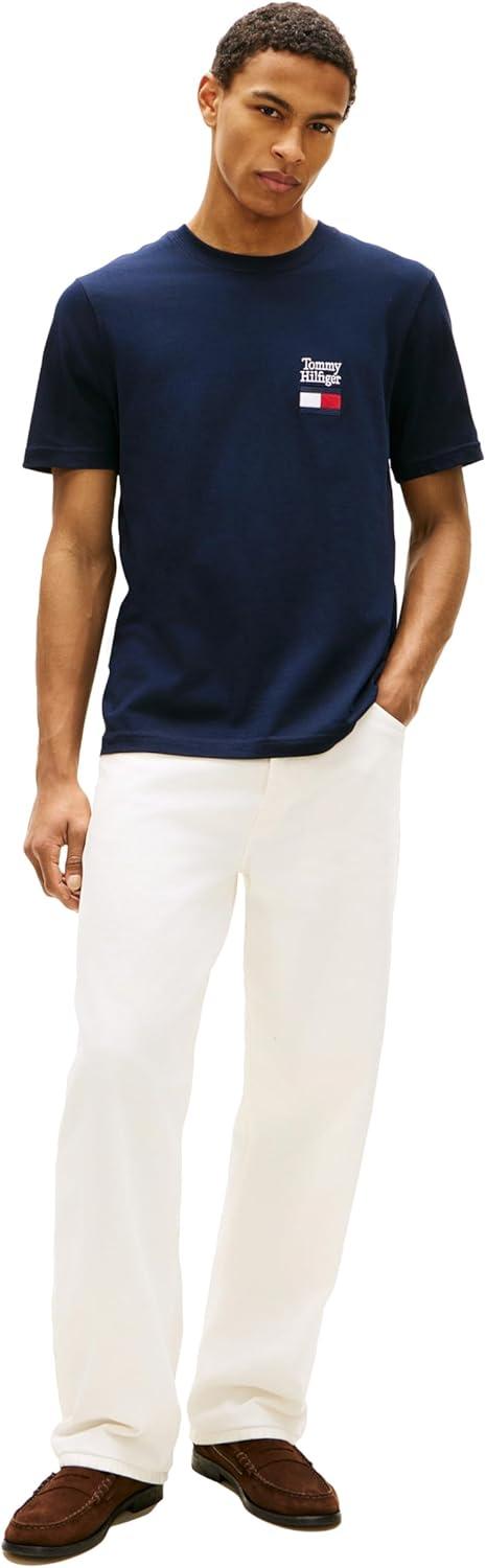 imageTommy Hilfiger Mens Short Sleeve Cotton Graphic TShirts with Embroidered Flag Logo DesignDesert Sky