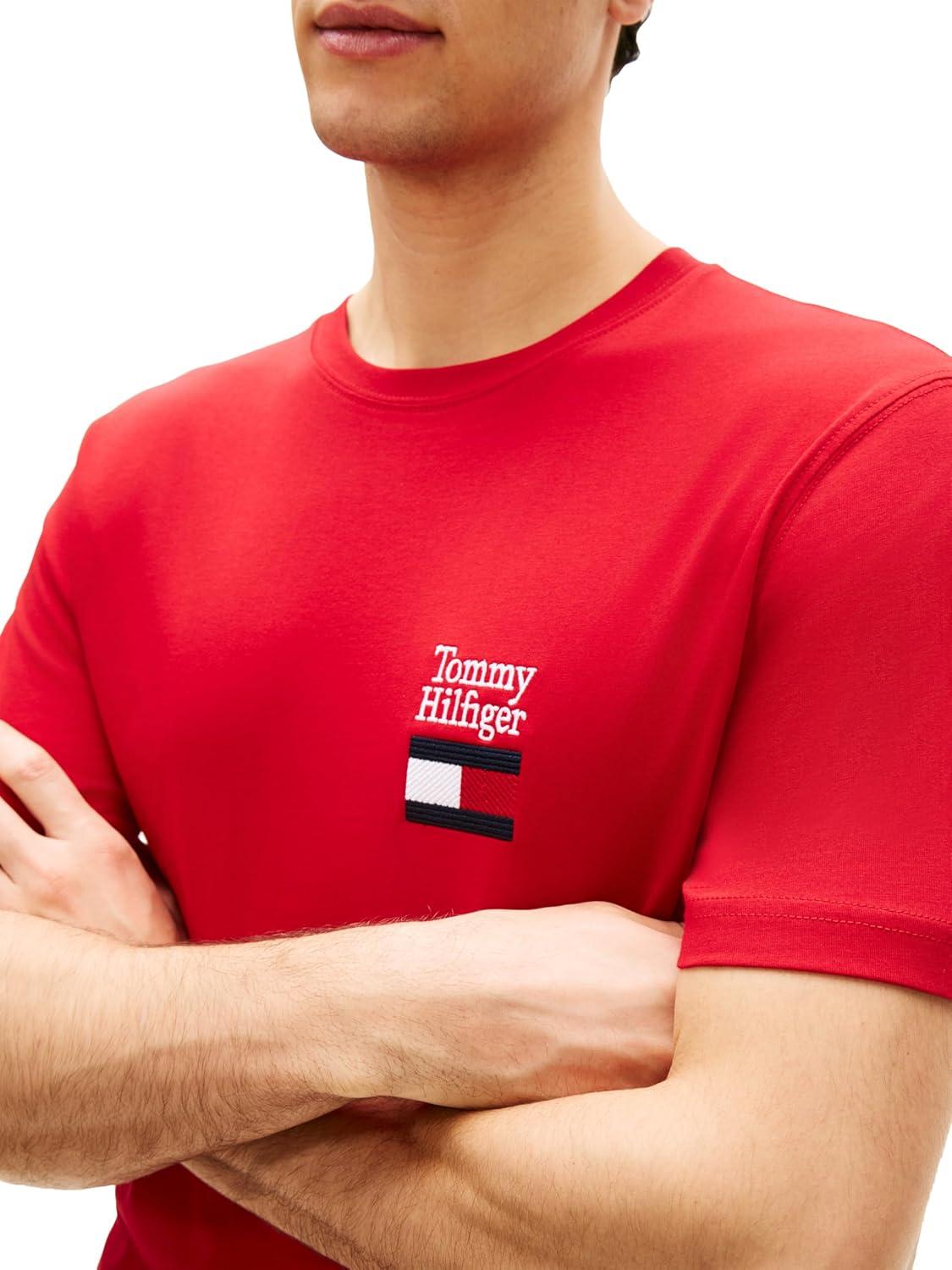 imageTommy Hilfiger Mens Short Sleeve Cotton Graphic TShirts with Embroidered Flag Logo DesignMedium Red