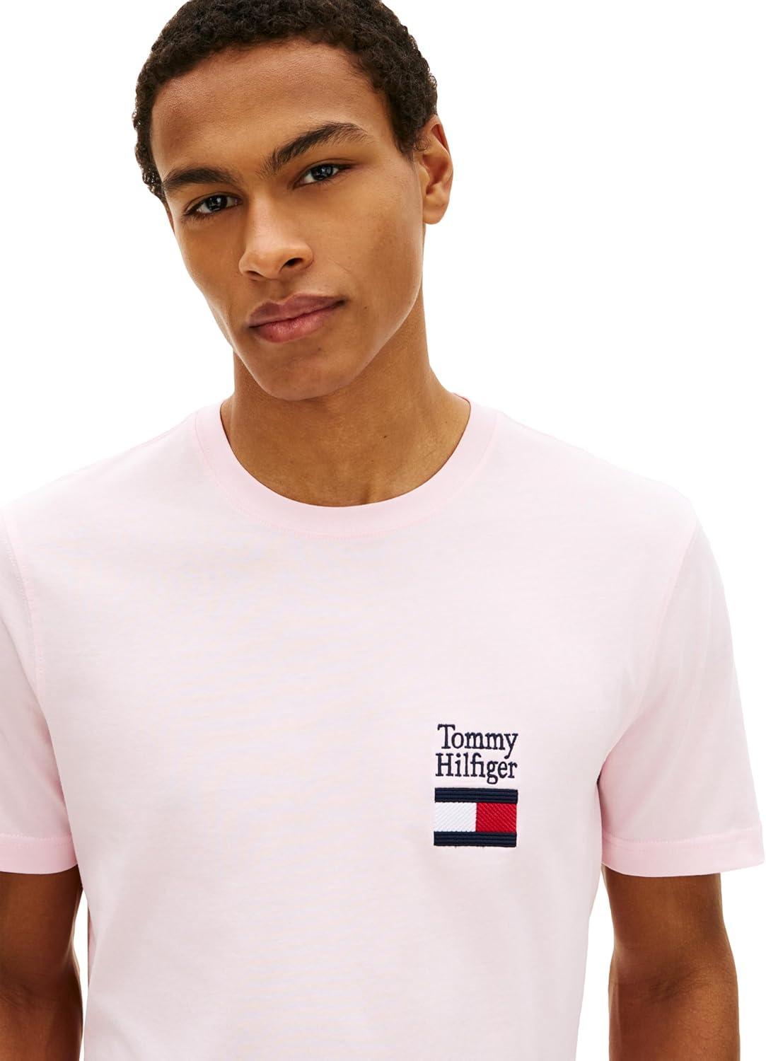 imageTommy Hilfiger Mens Short Sleeve Cotton Graphic TShirts with Embroidered Flag Logo DesignPink Lily