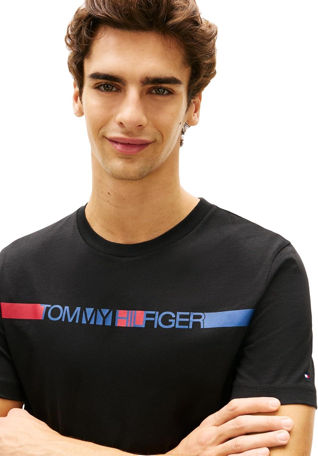 imageTommy Hilfiger Mens Short Sleeve Cotton Graphic TShirts with Printed Stripe Logo GraphicBlack
