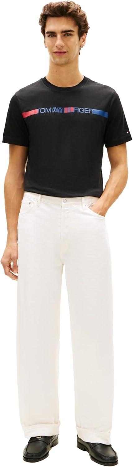 imageTommy Hilfiger Mens Short Sleeve Cotton Graphic TShirts with Printed Stripe Logo GraphicBlack