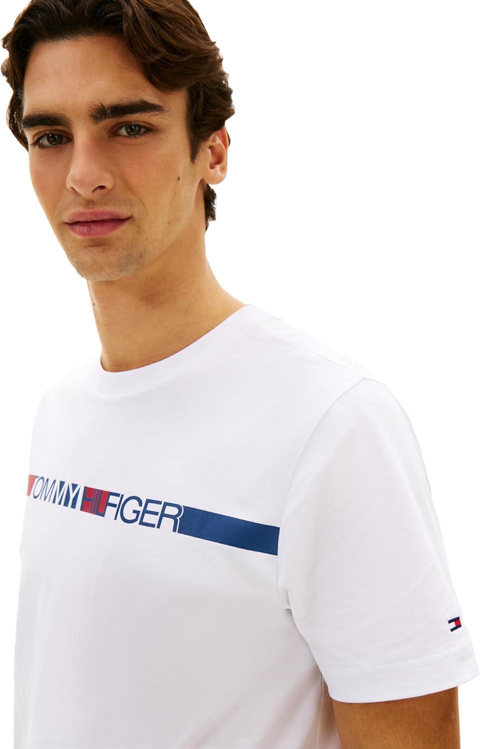 imageTommy Hilfiger Mens Short Sleeve Cotton Graphic TShirts with Printed Stripe Logo GraphicWhite