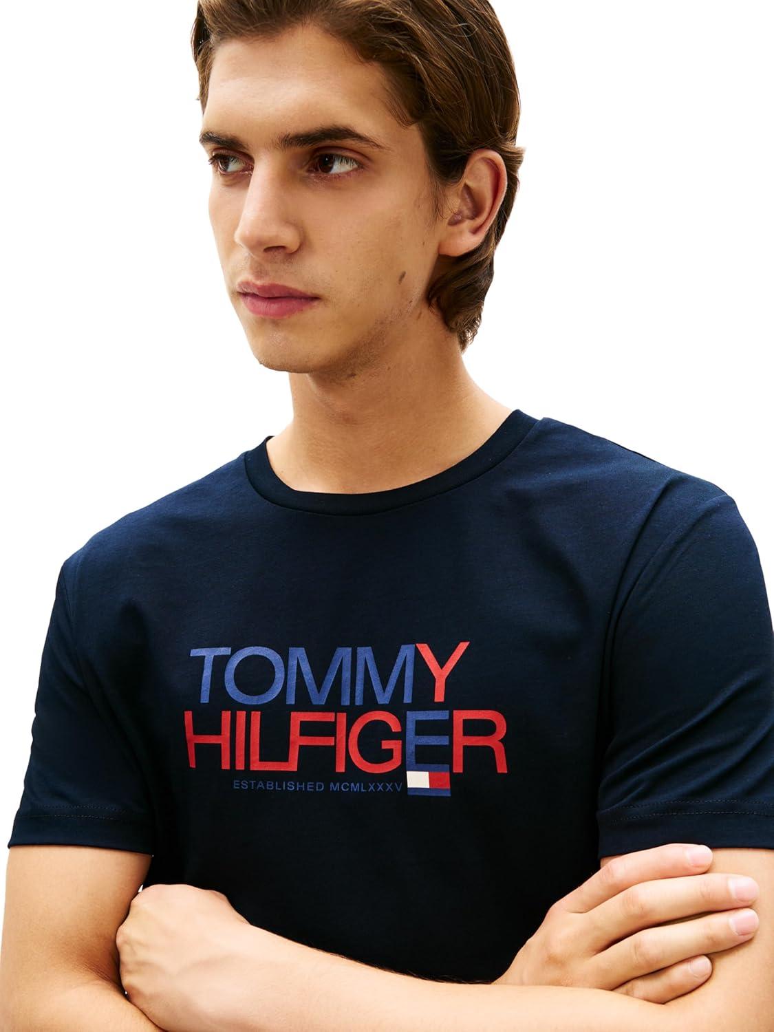 imageTommy Hilfiger Mens Short Sleeve Cotton Graphic TShirts with Printed TwoTone Logo GraphicDesert Sky
