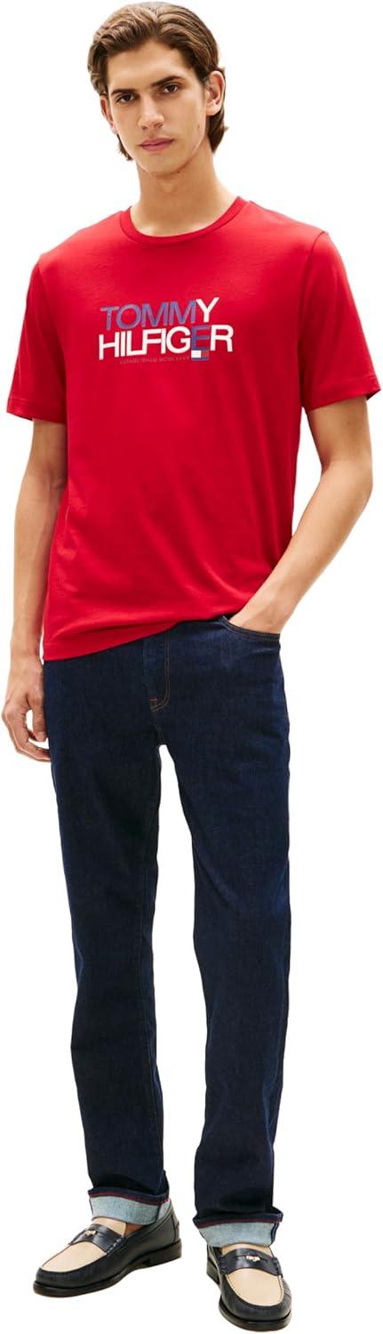 imageTommy Hilfiger Mens Short Sleeve Cotton Graphic TShirts with Printed TwoTone Logo GraphicMedium Red