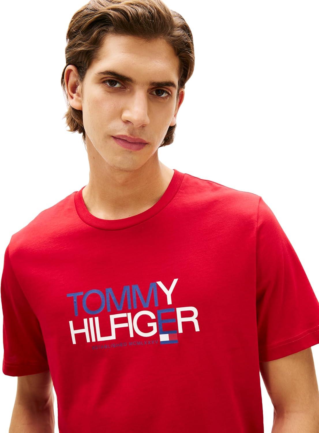 imageTommy Hilfiger Mens Short Sleeve Cotton Graphic TShirts with Printed TwoTone Logo GraphicMedium Red