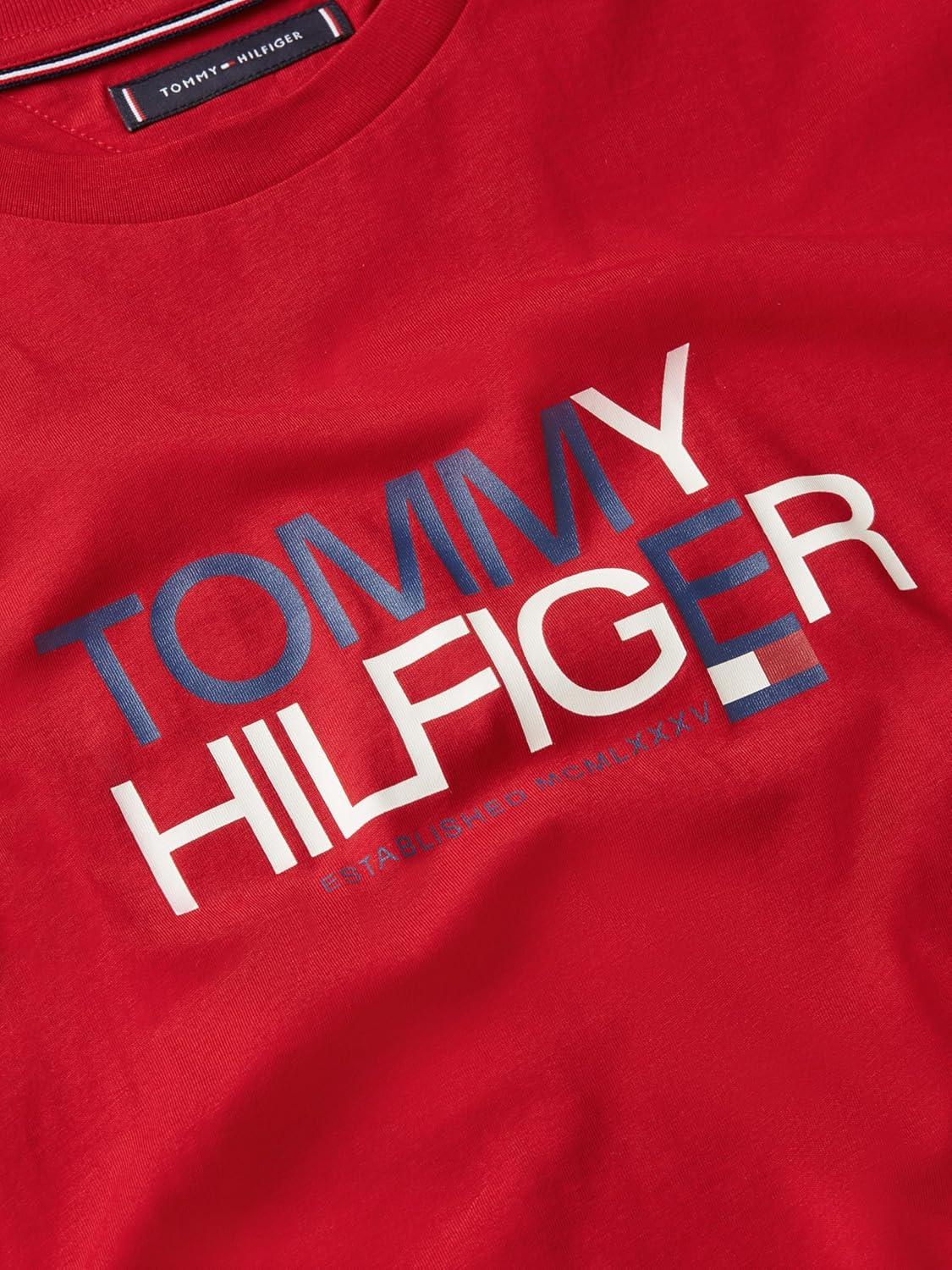 imageTommy Hilfiger Mens Short Sleeve Cotton Graphic TShirts with Printed TwoTone Logo GraphicMedium Red