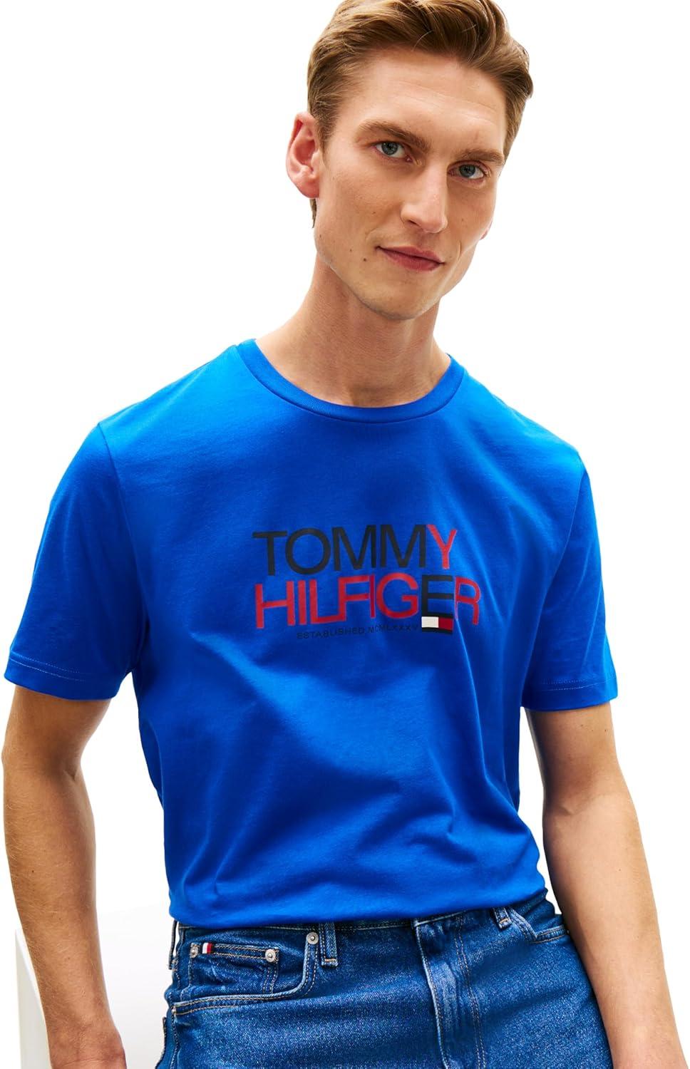 imageTommy Hilfiger Mens Short Sleeve Cotton Graphic TShirts with Printed TwoTone Logo GraphicRegal Blue