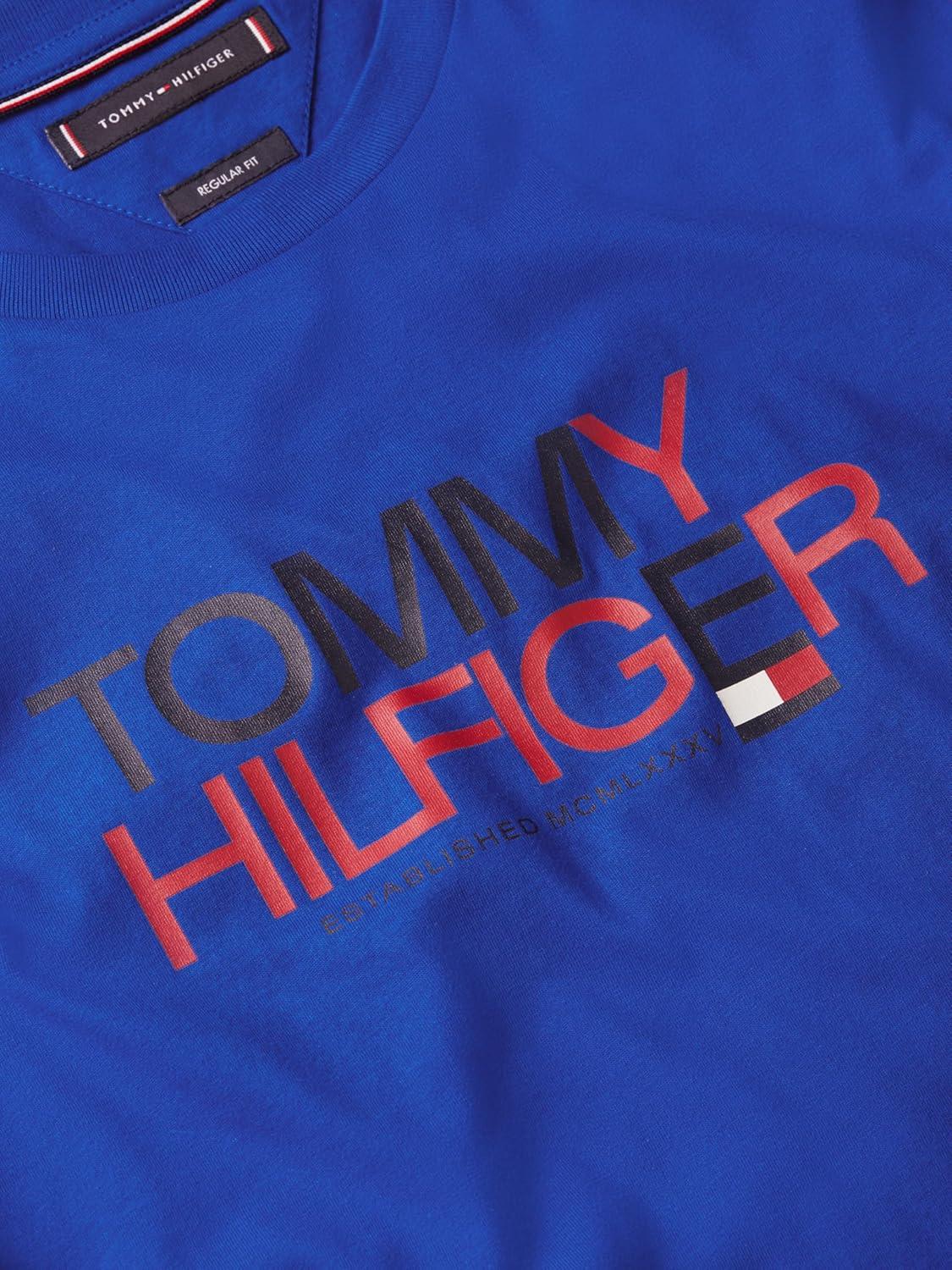 imageTommy Hilfiger Mens Short Sleeve Cotton Graphic TShirts with Printed TwoTone Logo GraphicRegal Blue