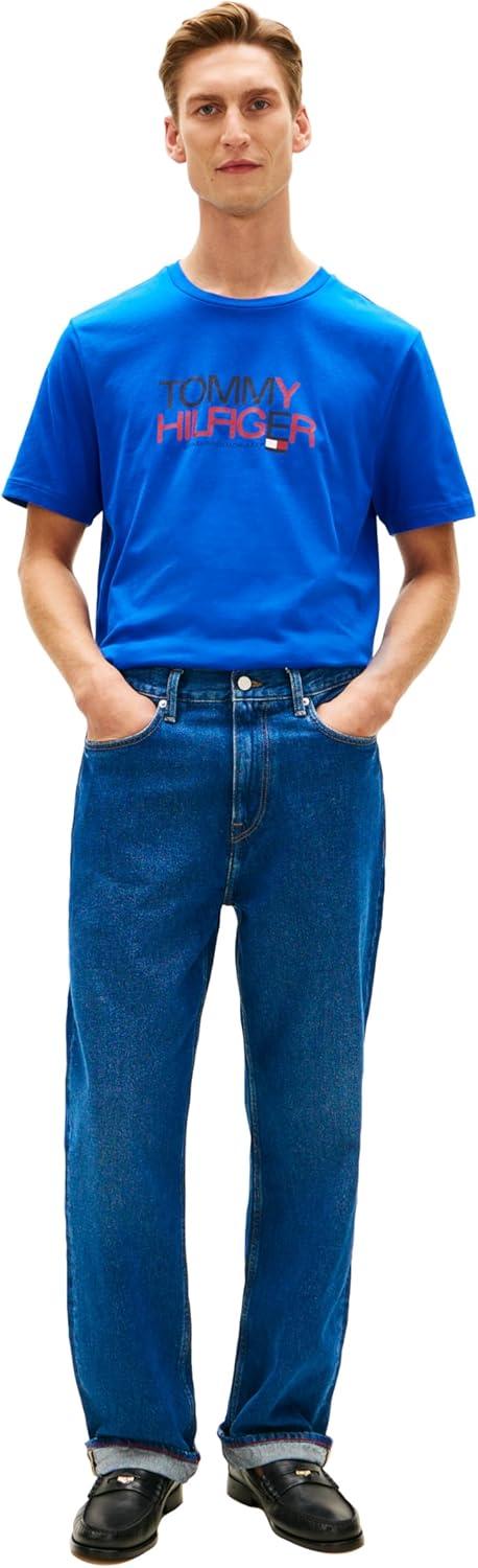 imageTommy Hilfiger Mens Short Sleeve Cotton Graphic TShirts with Printed TwoTone Logo GraphicRegal Blue