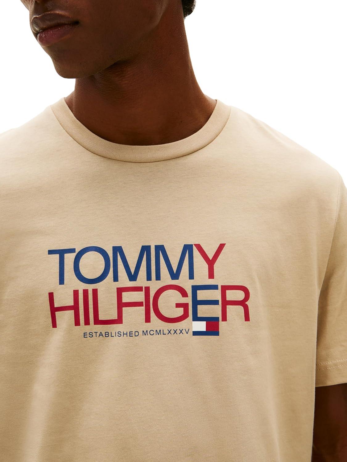 imageTommy Hilfiger Mens Short Sleeve Cotton Graphic TShirts with Printed TwoTone Logo GraphicSandalwood