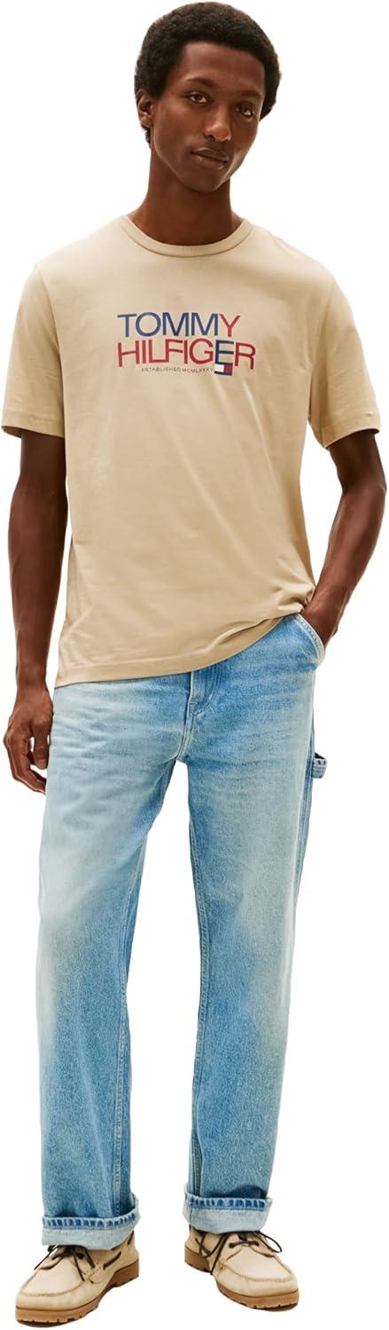 imageTommy Hilfiger Mens Short Sleeve Cotton Graphic TShirts with Printed TwoTone Logo GraphicSandalwood