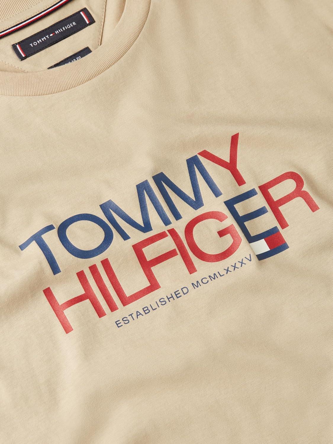 imageTommy Hilfiger Mens Short Sleeve Cotton Graphic TShirts with Printed TwoTone Logo GraphicSandalwood