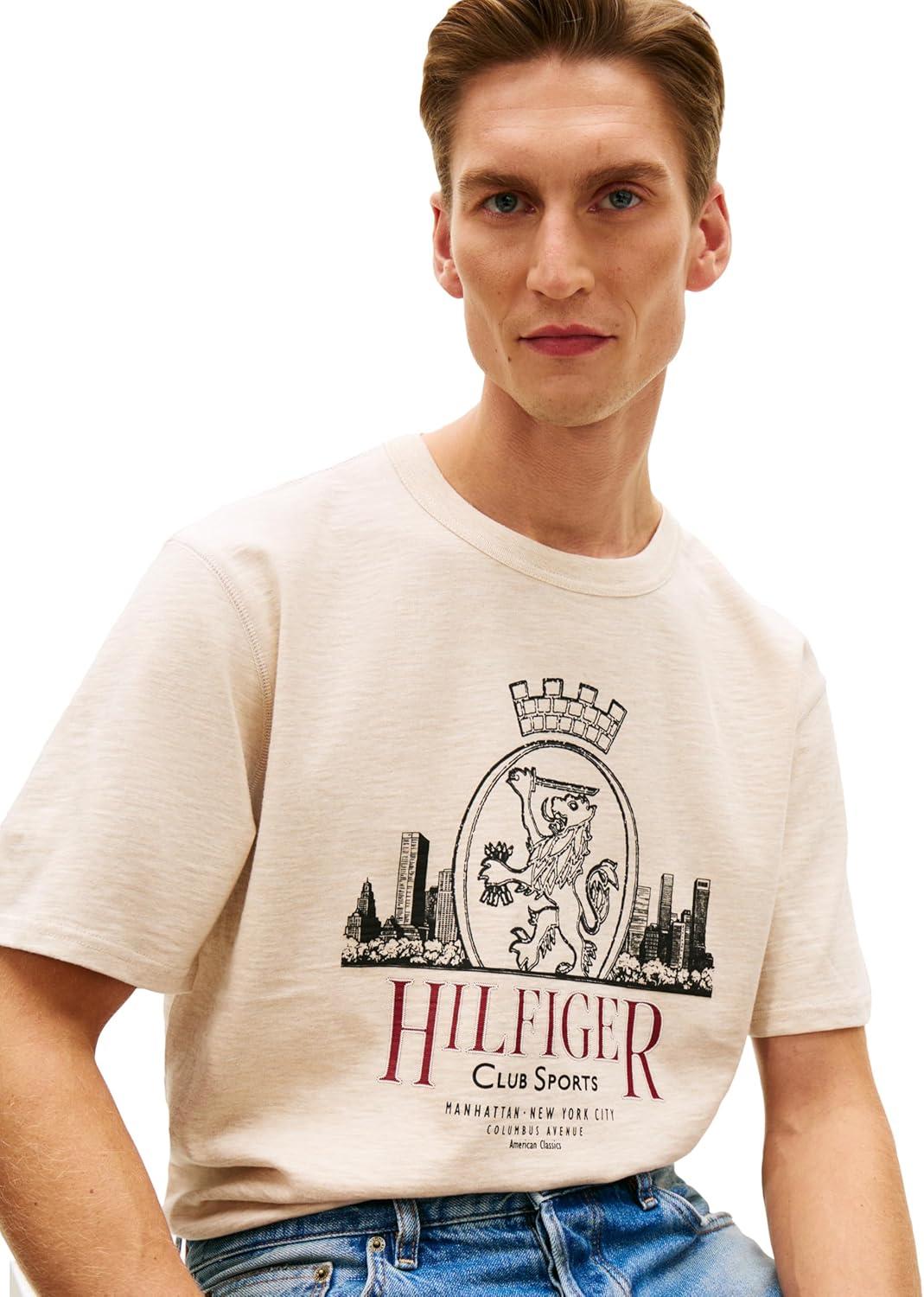 imageTommy Hilfiger Mens Short Sleeve Cotton Graphic TShirts with Signature Printed Heritage Crest GraphicHeathered Oatmilk