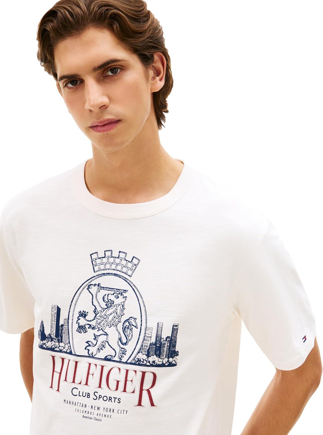 imageTommy Hilfiger Mens Short Sleeve Cotton Graphic TShirts with Signature Printed Heritage Crest GraphicIvory Petal