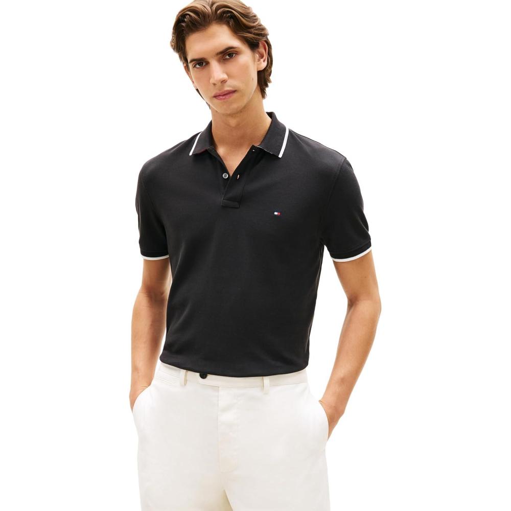 imageTommy Hilfiger Mens Short Sleeve Casual Polo Shirts in Regular Fit with Contrast Collar and Cuff DesignsBlack