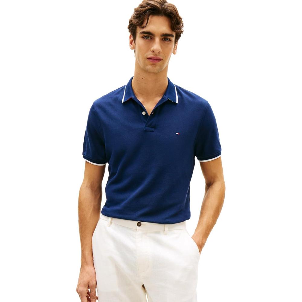 imageTommy Hilfiger Mens Short Sleeve Casual Polo Shirts in Regular Fit with Contrast Collar and Cuff DesignsCarbon Navy
