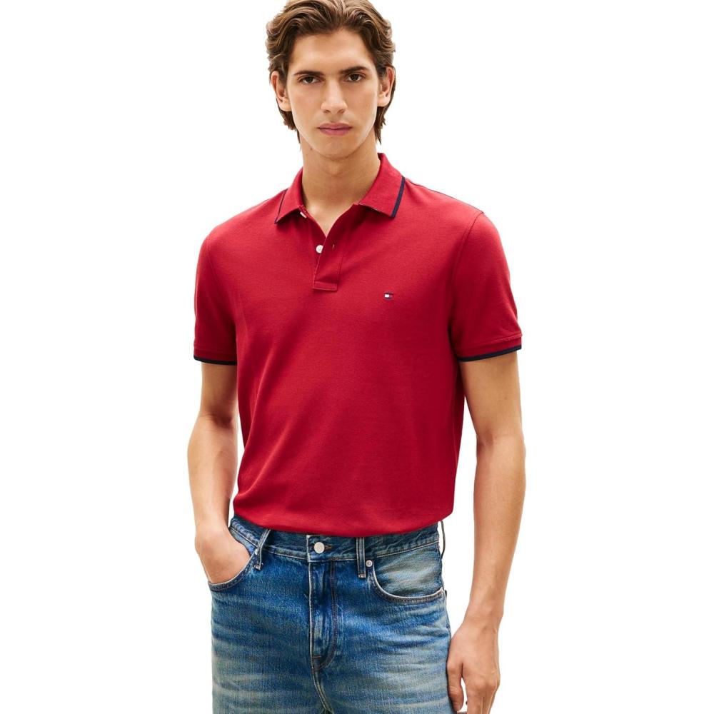 imageTommy Hilfiger Mens Short Sleeve Casual Polo Shirts in Regular Fit with Contrast Collar and Cuff DesignsRegatta Red